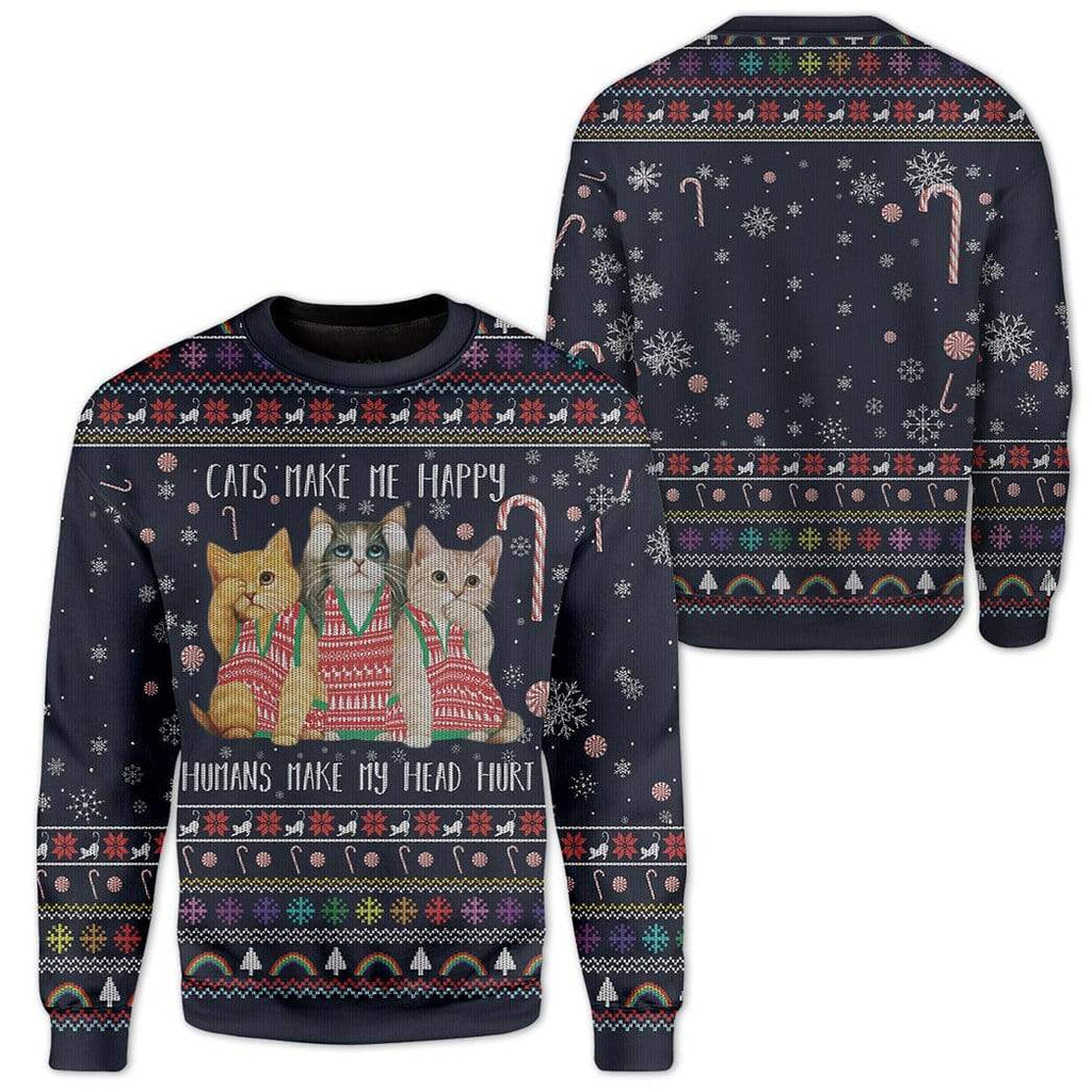 Gifury Cat Christmas Sweater Cats Make Me Happy Humans Make My Head Hurt Christmas Pattern Ugly Sweater Cat Ugly Sweater 2022