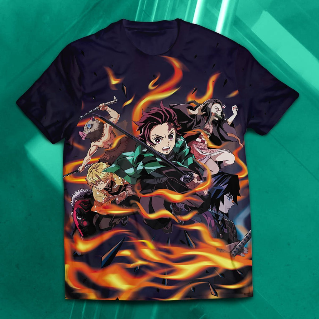  Demon Slayer Shirt Tanjiro Nezuko Giyu Tomioka Zenitsu Inosuke Fire Black Shirt Demon Slayer Apparel