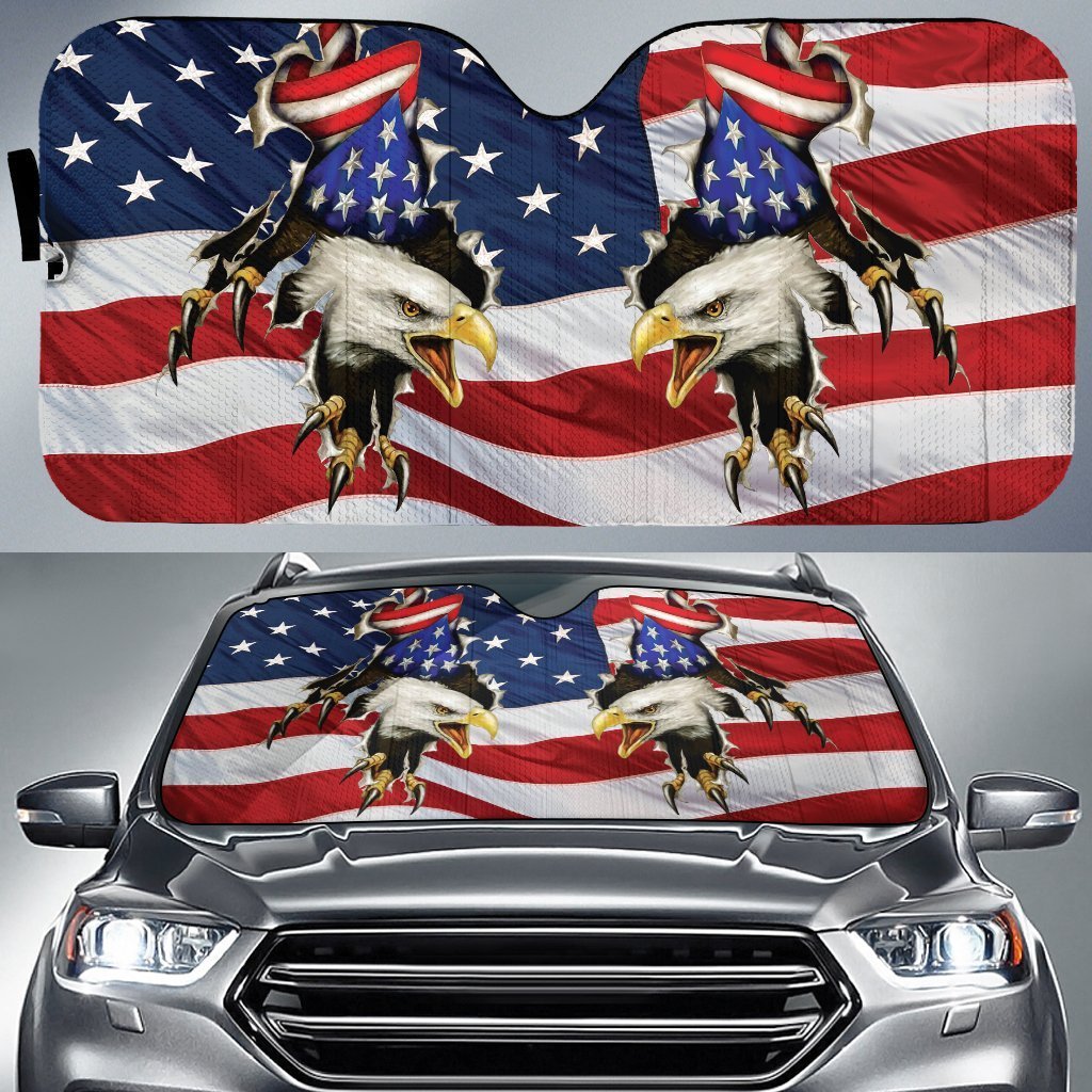 Friday89 Veteran Car Sun Shade Two Bald Eagle Inside American Flag Auto Sun Shade