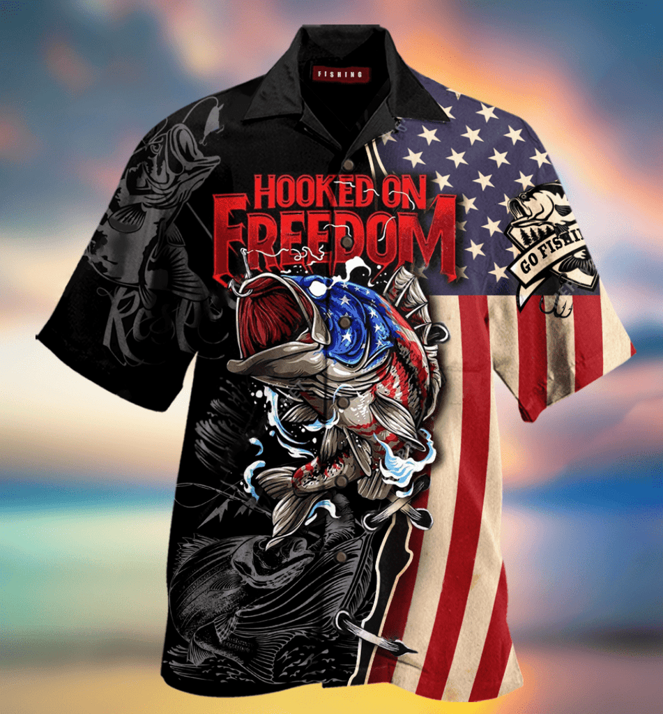 Gifury Fishing T-shirt Hooked On Freedom Bass Fishing Hawaiian Shirt Fishing Aloha Hawaii Shirt 2022