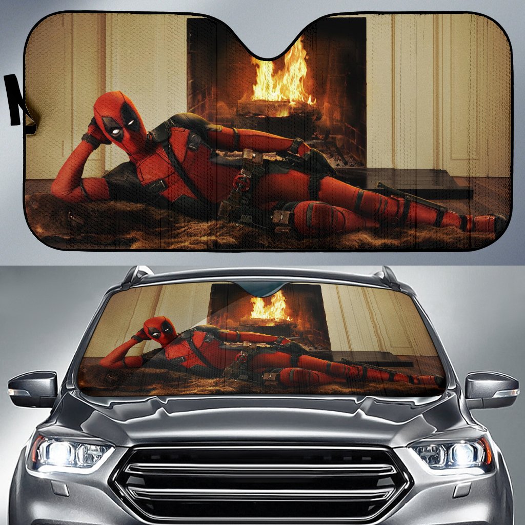  MV Deadpool Windshield Sun Shade Deadpool Lying By The Fireplace Car Sun Shade