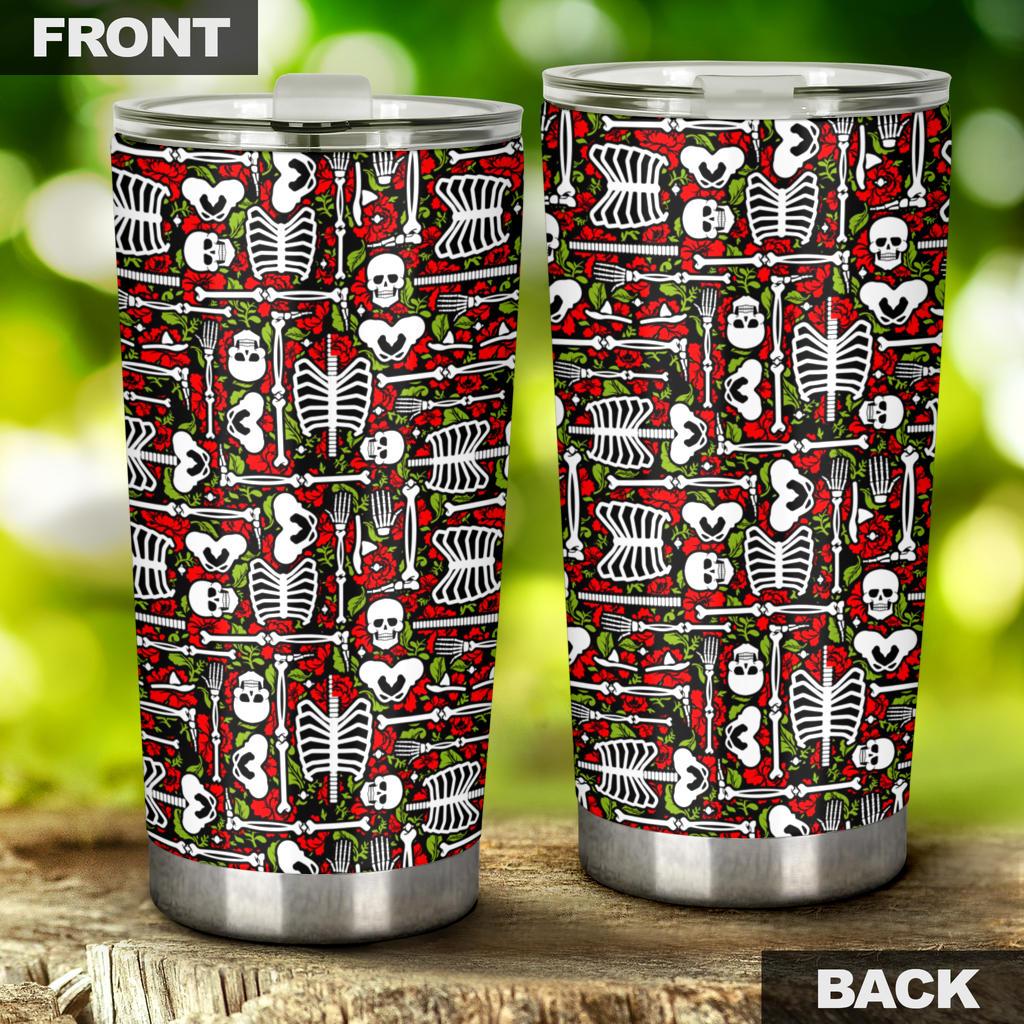 Gifury Skeleton Tumbler 20 Oz Skeleton Rose Flowers Red Tumbler Cup 20 Oz Halloween Tumbler Skeleton Travel Mug 2022