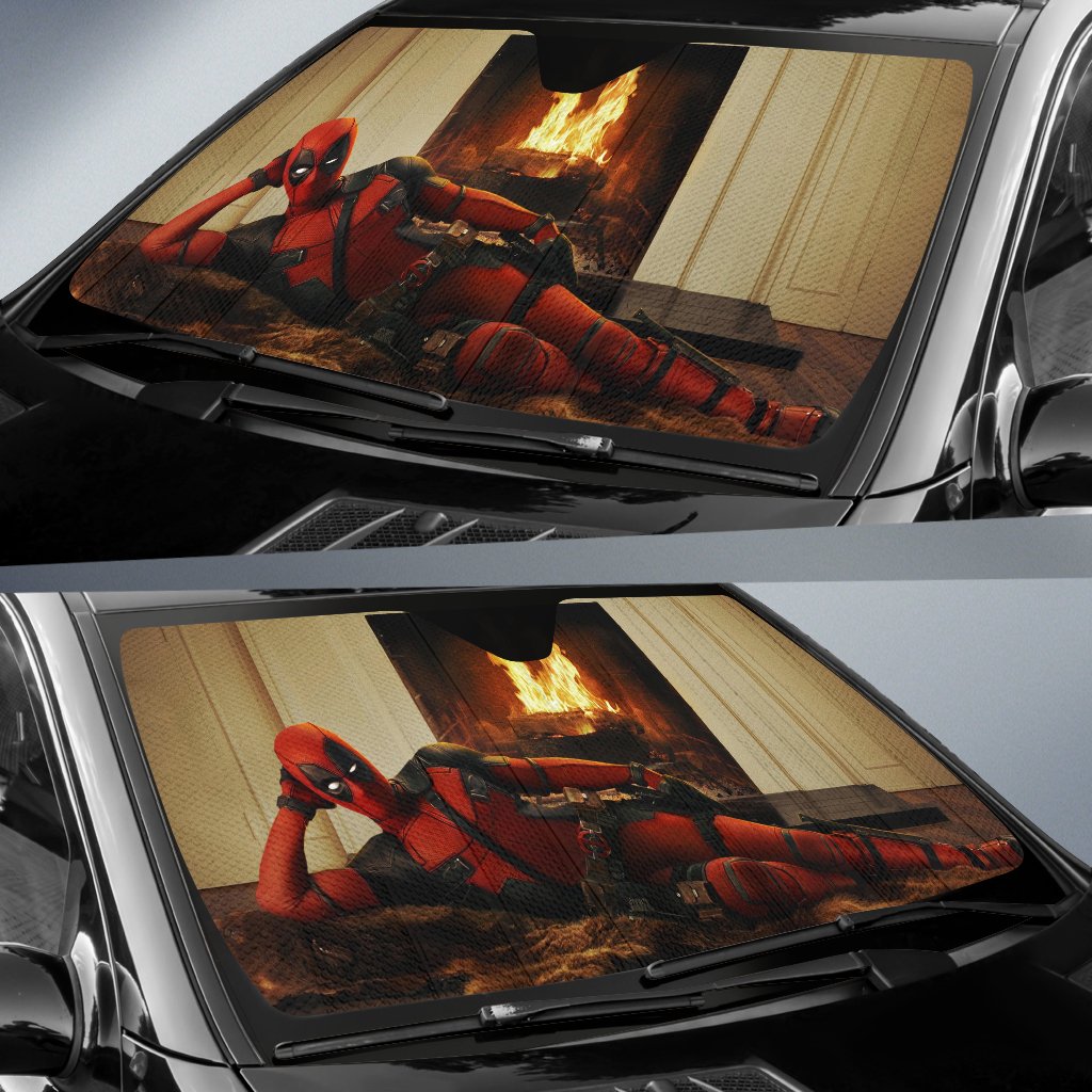  MV Deadpool Windshield Sun Shade Deadpool Lying By The Fireplace Car Sun Shade