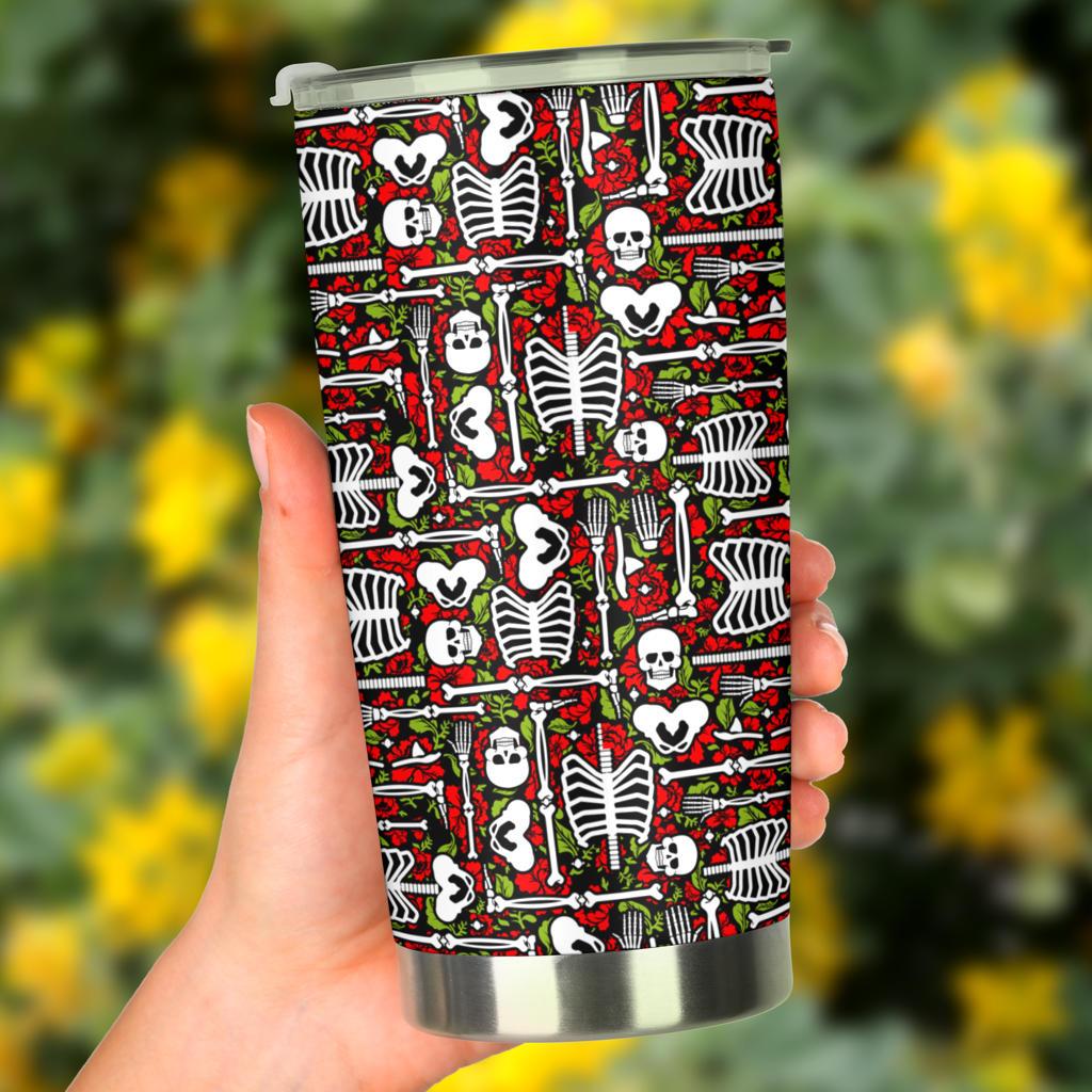 Gifury Skeleton Tumbler 20 Oz Skeleton Rose Flowers Red Tumbler Cup 20 Oz Halloween Tumbler Skeleton Travel Mug 2024