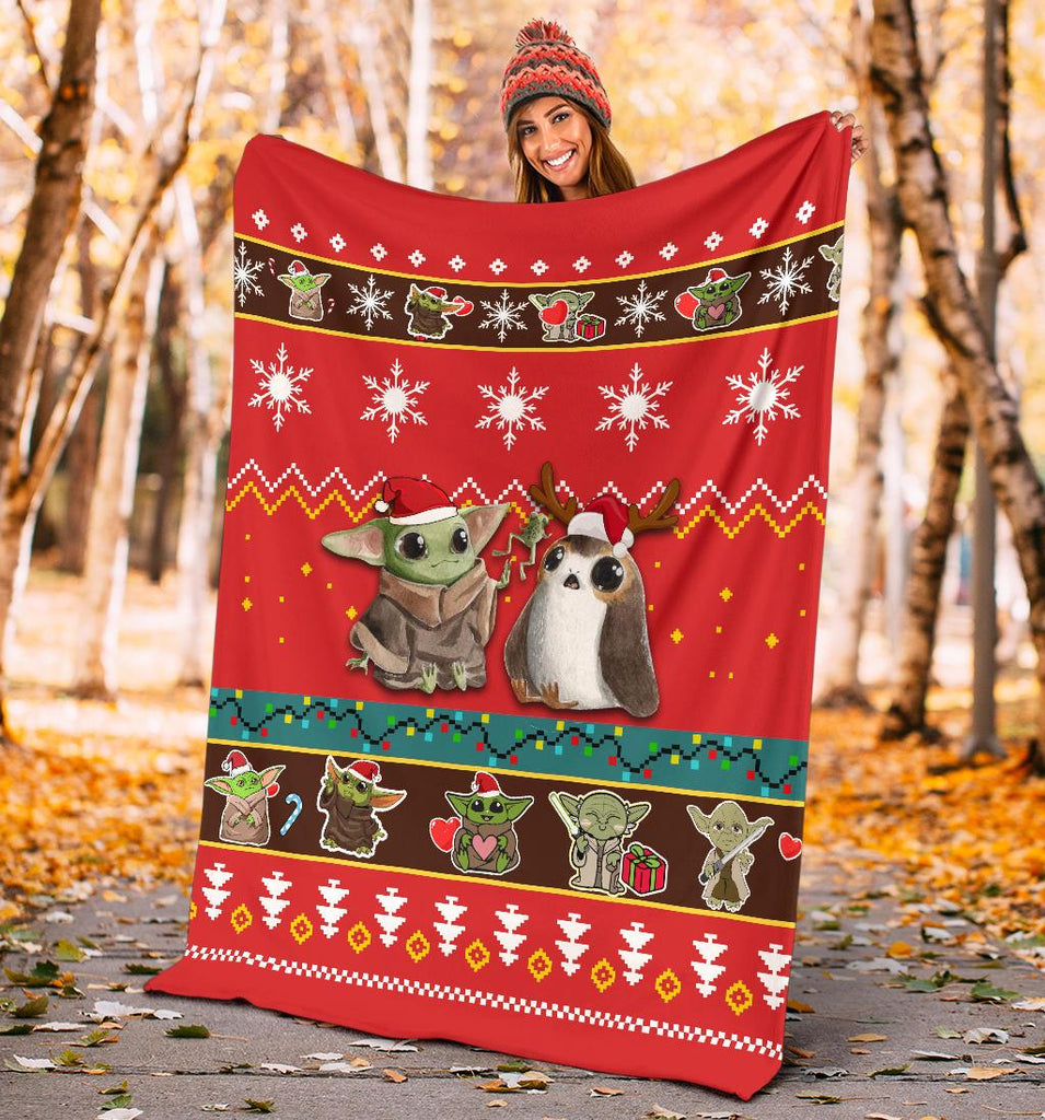 SW Blanket Grogu And Porg Christmas Pattern Red Blanket