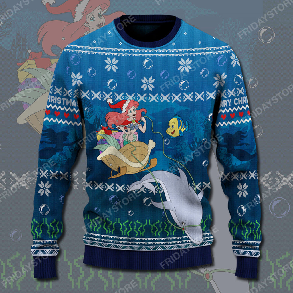  DN Sweater Mermaid Happy Christmas Ugly Sweater Awesome DN Ariel Ugly Sweater