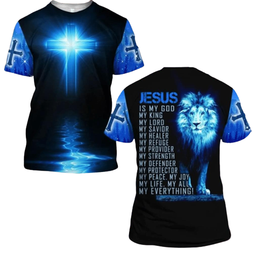  Jesus Shirt Lion Jesus Is My God My King My Lord Blue T-shirt Hoodie Christian Apparel Adult Unisex Full Print
