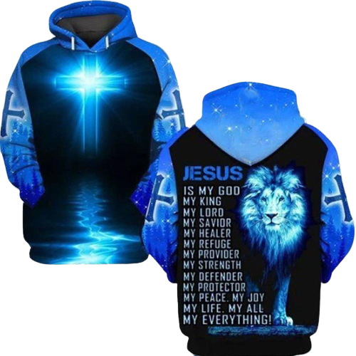  Jesus Shirt Lion Jesus Is My God My King My Lord Blue T-shirt Hoodie Christian Apparel Adult Unisex Full Print