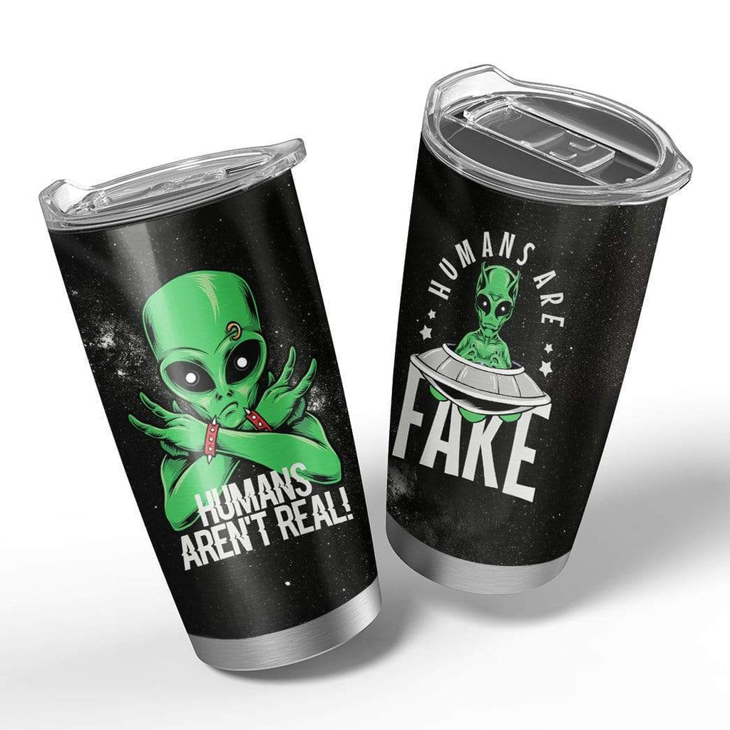 Alien Tumbler Cup 20 oz Human Are Fake Green Alien UFO Black Tumbler 20 oz