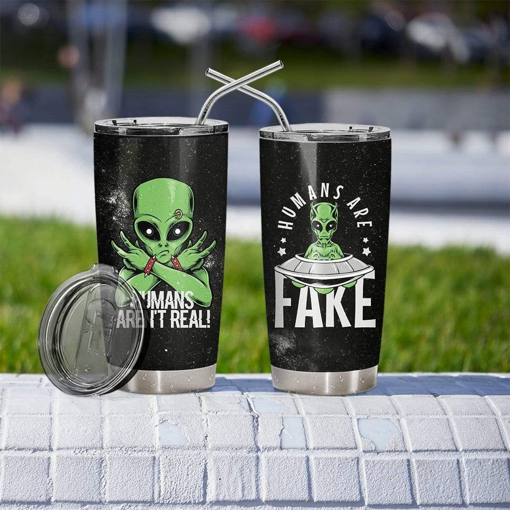 Alien Tumbler Cup 20 oz Human Are Fake Green Alien UFO Black Tumbler 20 oz