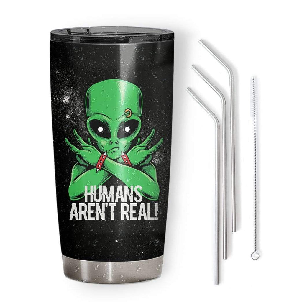 Alien Tumbler Cup 20 oz Human Are Fake Green Alien UFO Black Tumbler 20 oz