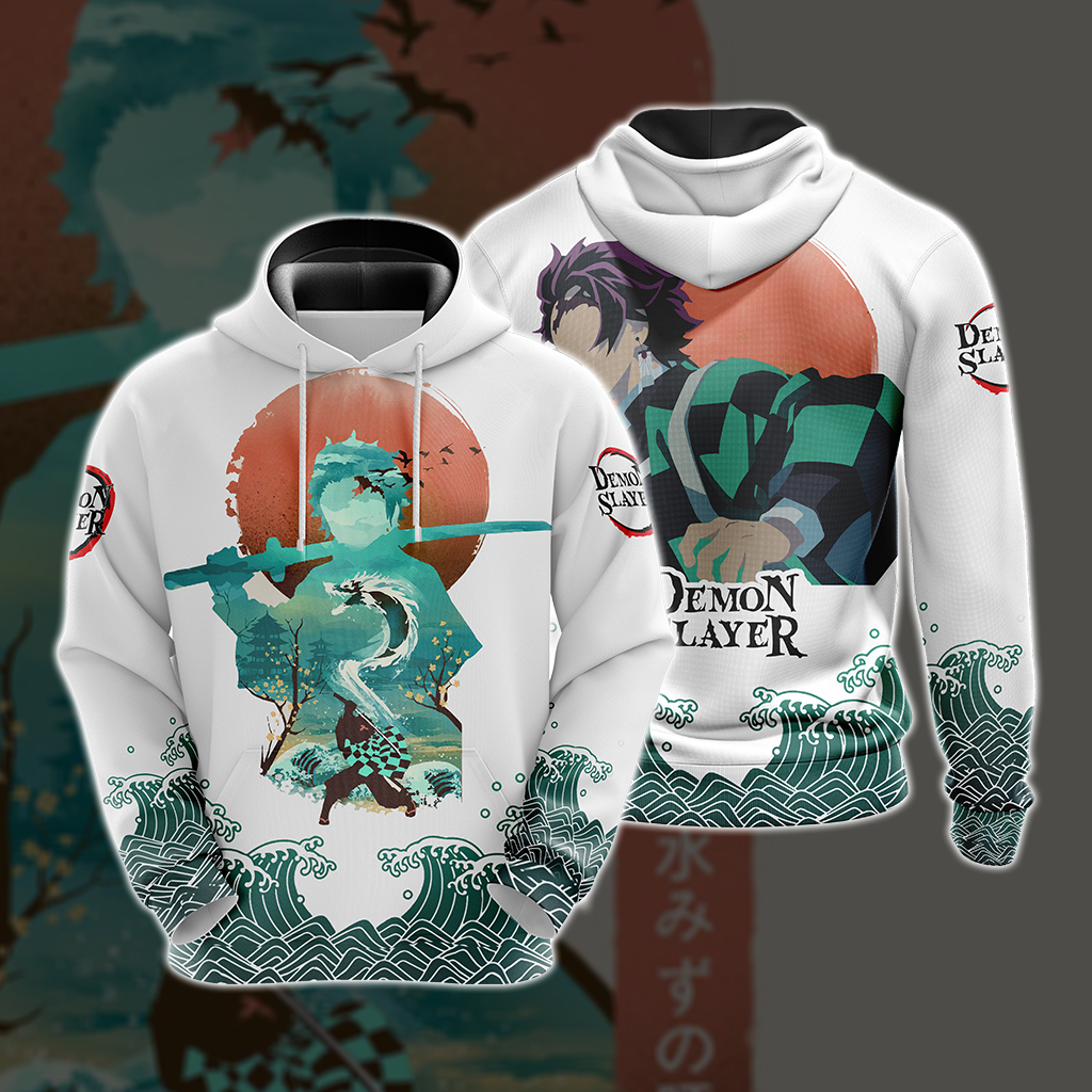  Demon Slayer Hoodie Demon Slayer Tanjirou Kamado Silhouette White Green Hoodie