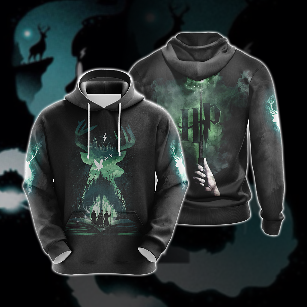 HP Hoodie HP Deer Story Book Patronus Black Green Hoodie