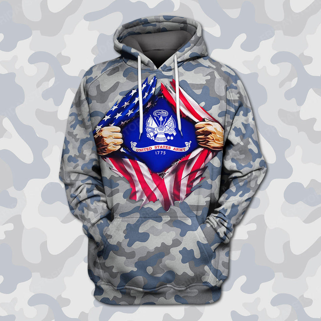 Veteran T-shirt United States Army 1775 Blue Grey Camouflage T-shirt Hoodie Adult Full Print