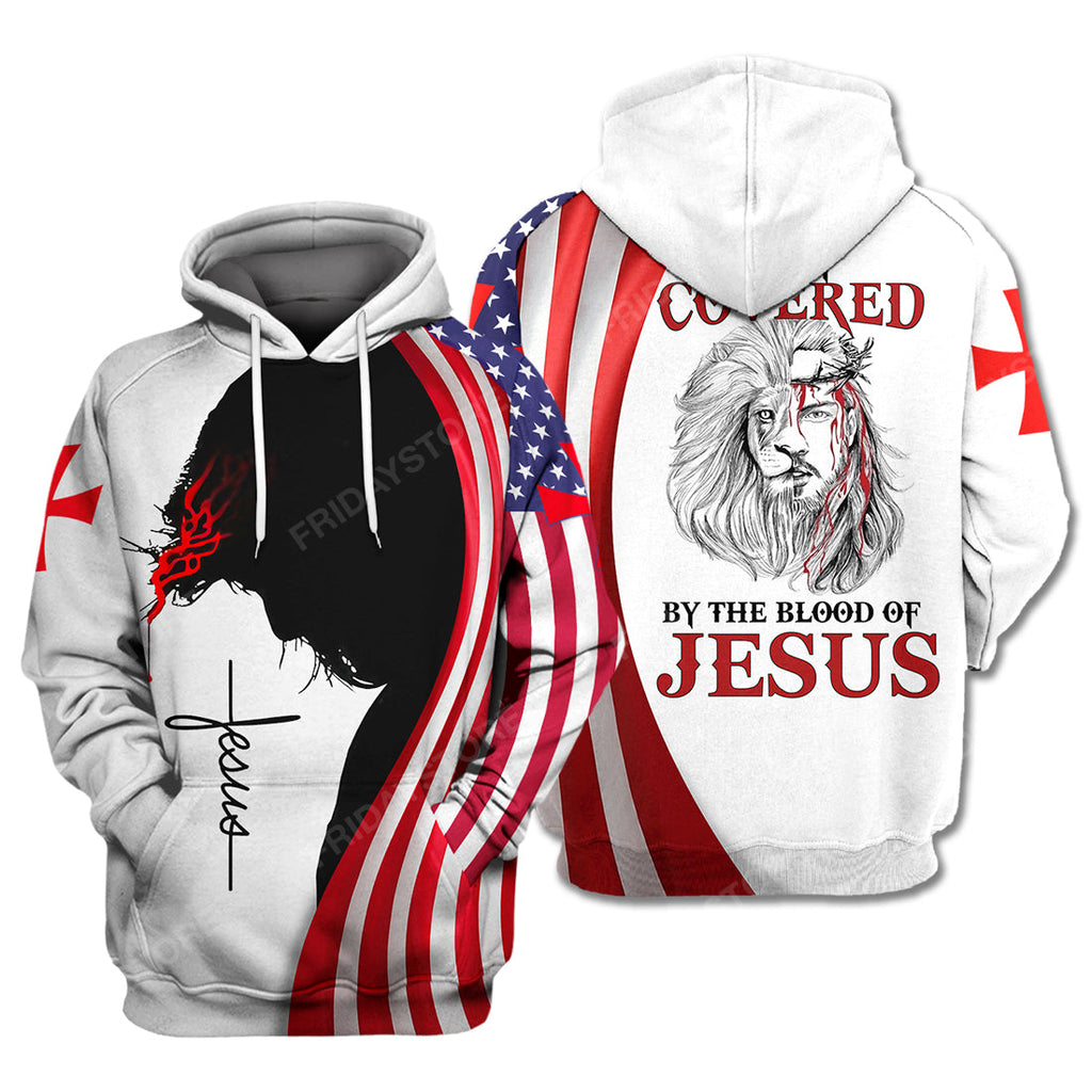 Jesus Shirt I Covered By The Blood Of Jesus Lion American Flag T-shirt Hoodie Adult Full Print