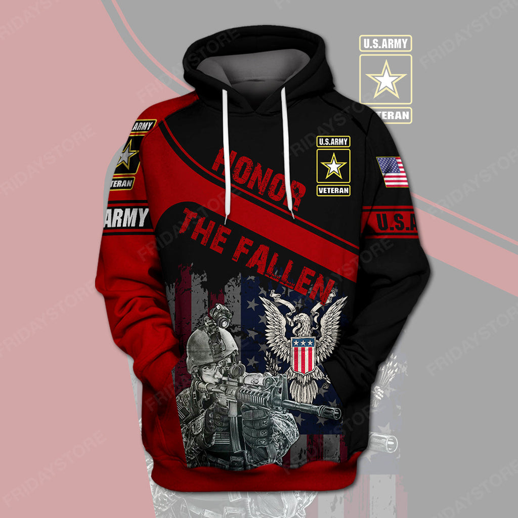 U.S Army Veteran Hoodie Military 3D Shirt Red Black Honor The Fallen Soldier Adult Full Print Hoodie