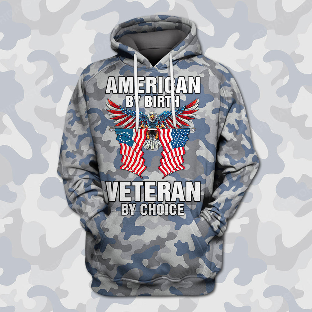 Veteran T-shirt American By Birth Veteran By Choice Blue Grey Camouflage T-shirt Hoodie Adult Full Print