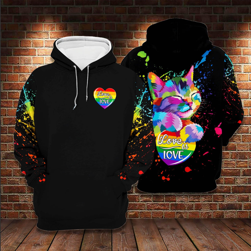 LGBT Cat T-shirt Splatter Rainbow Watercolor Cat Love Is Love Black T-shirt Hoodie Adult Full Print