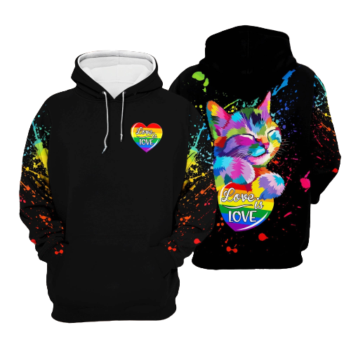 LGBT Cat T-shirt Splatter Rainbow Watercolor Cat Love Is Love Black T-shirt Hoodie Adult Full Print