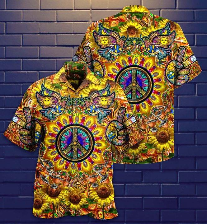 Hippie Shirt Hippie Peace Sign Sunflower Pigeon Yellow Hawaii Alohaa Shirt
