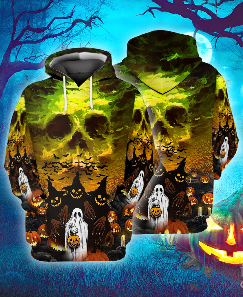 Gifury Halloween Hoodie Halloween Apparel Halloween Party Skull Ghost Scary Pumpkin Green Hoodie 2022