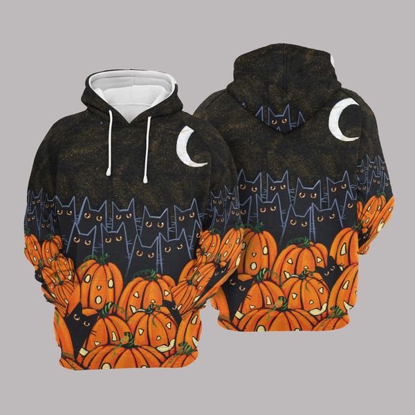 Gifury Halloween Hoodie Halloween Apparel Pumpkin Field Black Cat Black Orange Hoodie Halloween Clothing 2022