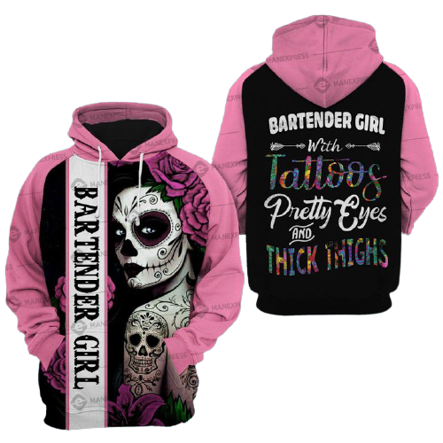 Bartender Hoodie Bartender Girl With Tattoos Pretty Eyes And Thick Thighs Black Pink Hoodie