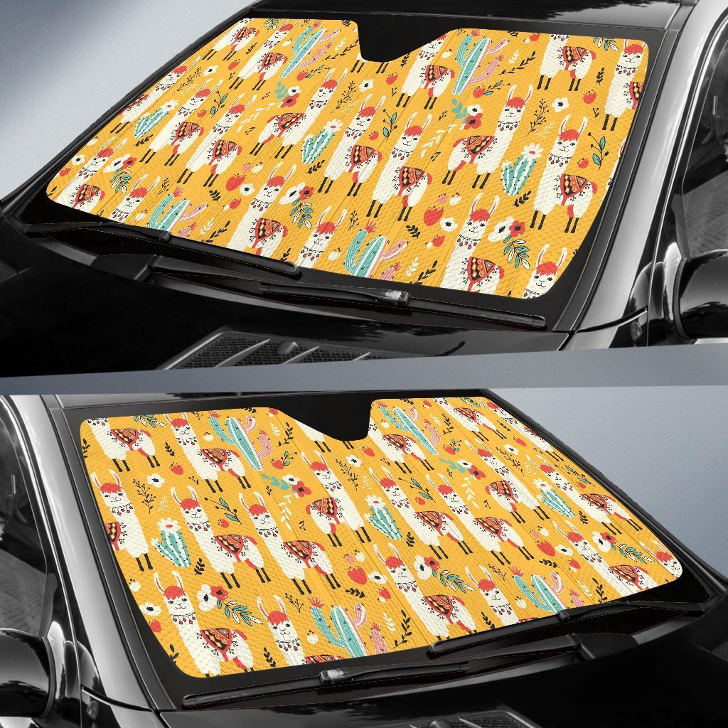 Llama Windshield Sun Shade Llama And Cactus Pattern Yellow Car Sun Shade