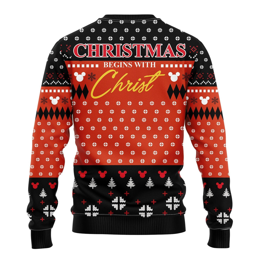  DN Christmas Sweater Christmas Begins With Christ MK Mouse Black Red Ugly Sweater