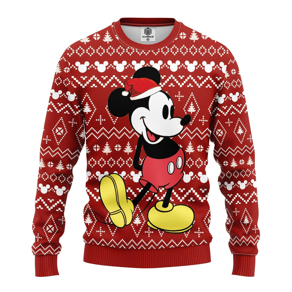  DN Christmas Sweater MK Mouse Christmas Hat Christmas Tree And Mouse Head Pattern Red Ugly Sweater