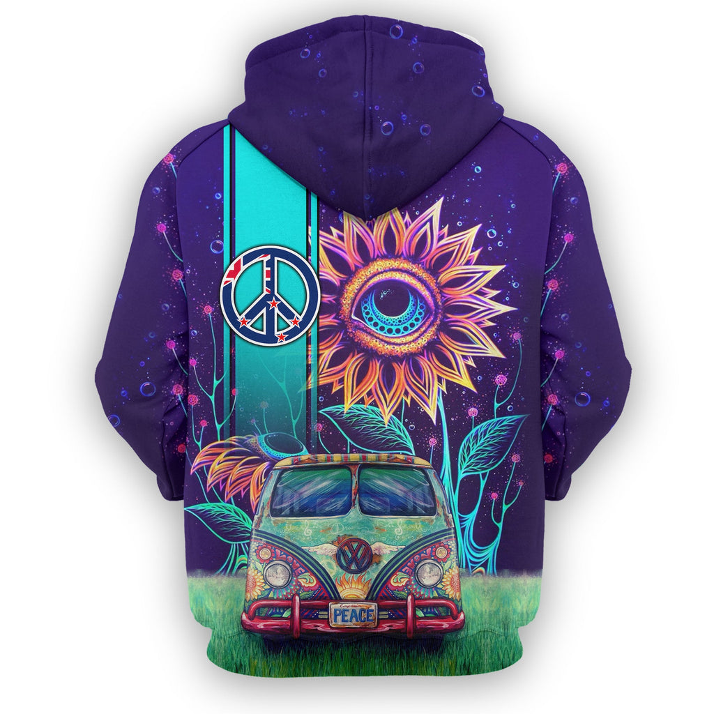 Hippie Hoodie The Eye Sunflower Peace Sign Car Blue Hoodie Apparel Full Print Full Size Unisex