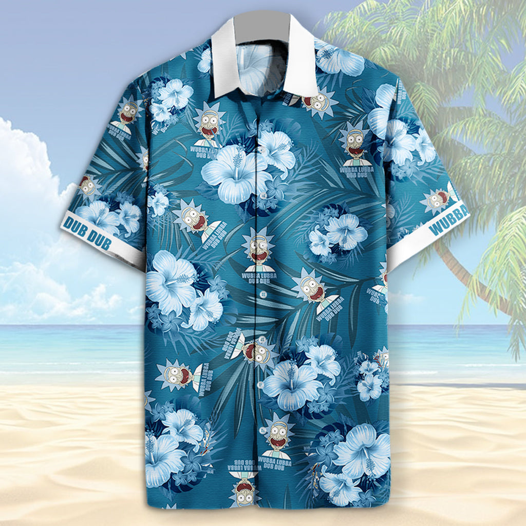  Rick And Morty Hawaiian Shirt Rick Wubba Lubba Dub Dub Tropical Pattern Blue White Hawaii Aloha Shirt