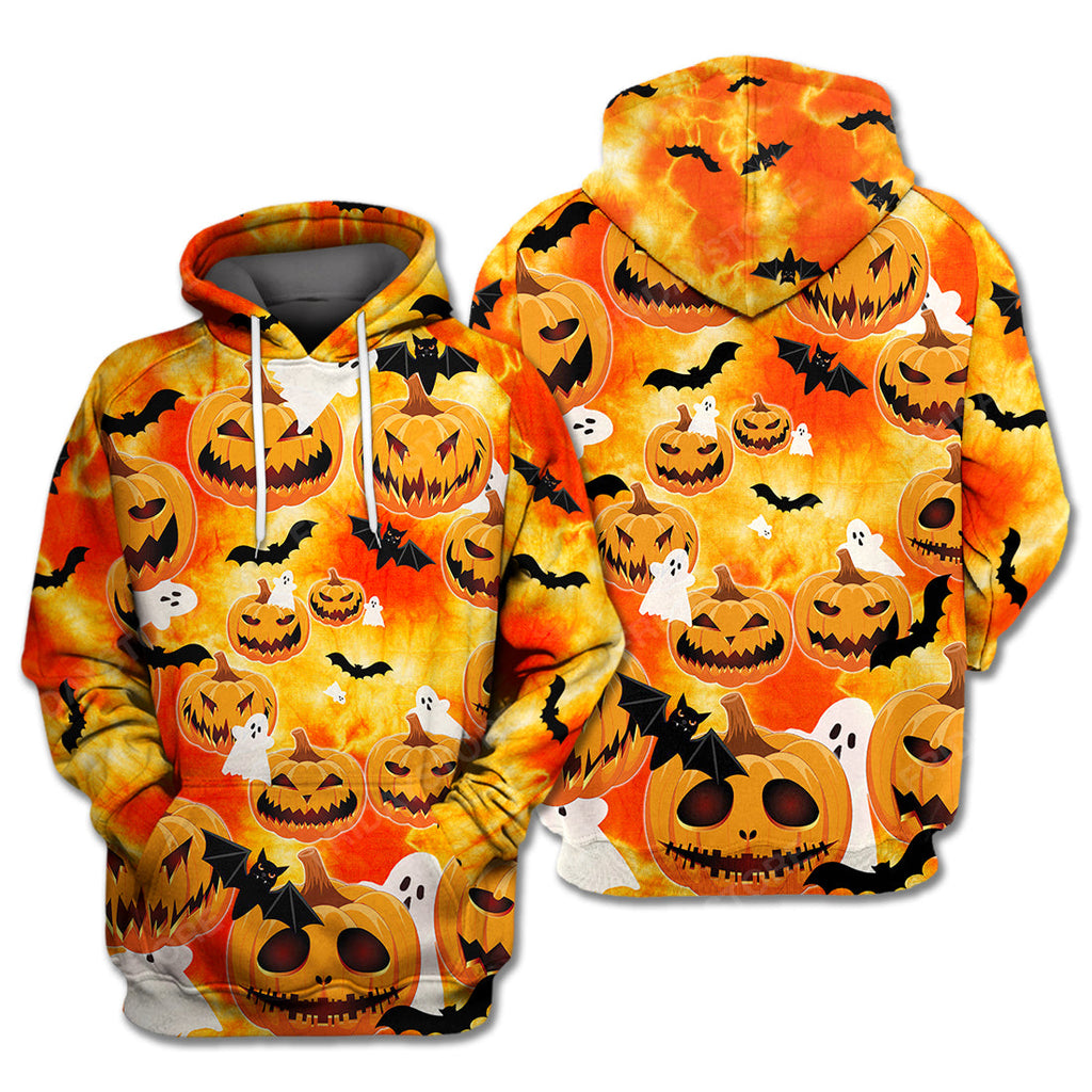 Gifury Halloween Hoodie Halloween Apparel Pumpkin Hoodie Scary Face Pumpkin Ghost And Bats Tie Dye Orange Hoodie 2022