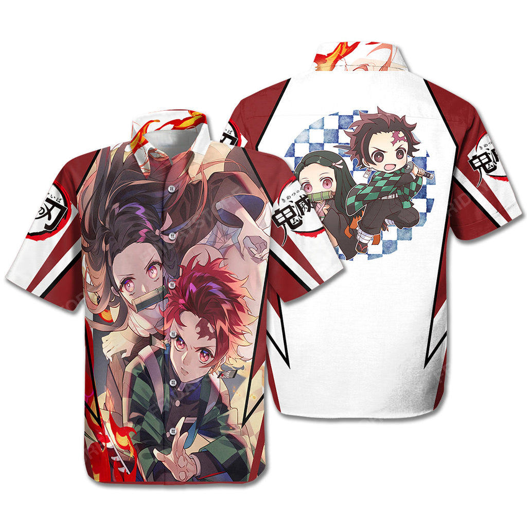  Demon Slayer Hawaiian Shirt Tanjiro Nezuko Cool And Chibi White Red Hawaii Shirt Demon Slayer Aloha Shirt