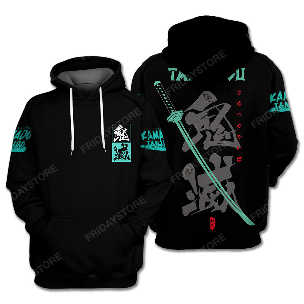  Demon Slayer Hoodie Tanjiro Kamado Sword Green Black Zip Hoodie Demon Slayer Apparel