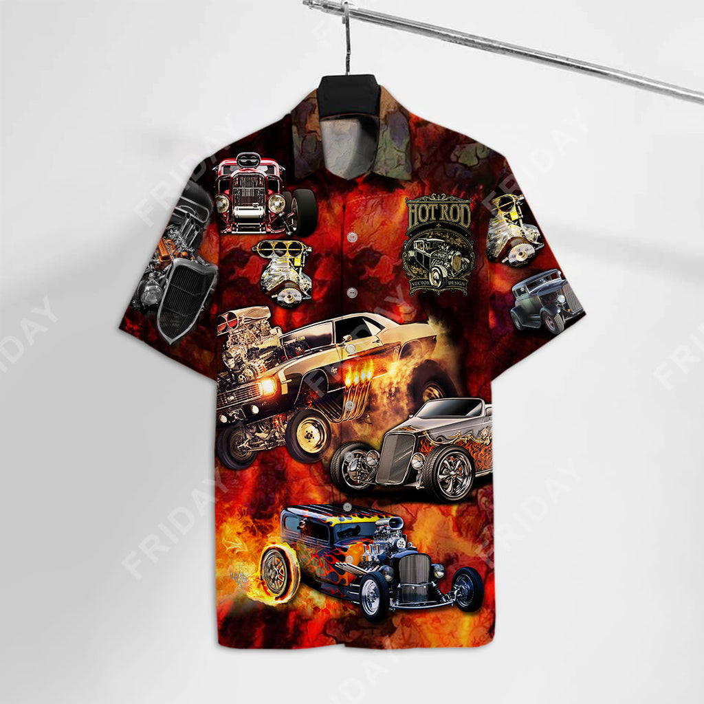 Hot Rod Hawaiian Shirt Hot Rod Vector Design Logo Burning Fire Hawaii Aloha Shirt