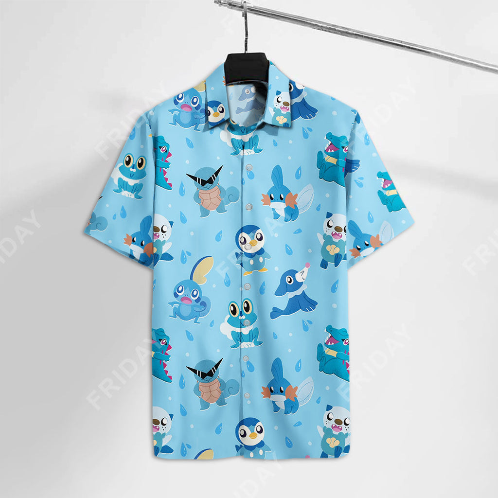 Pokemon Hawaiian Shirt Water Pokemon Oshawott Squirtle Totodile Pattern Blue Hawaii Aloha Shirt