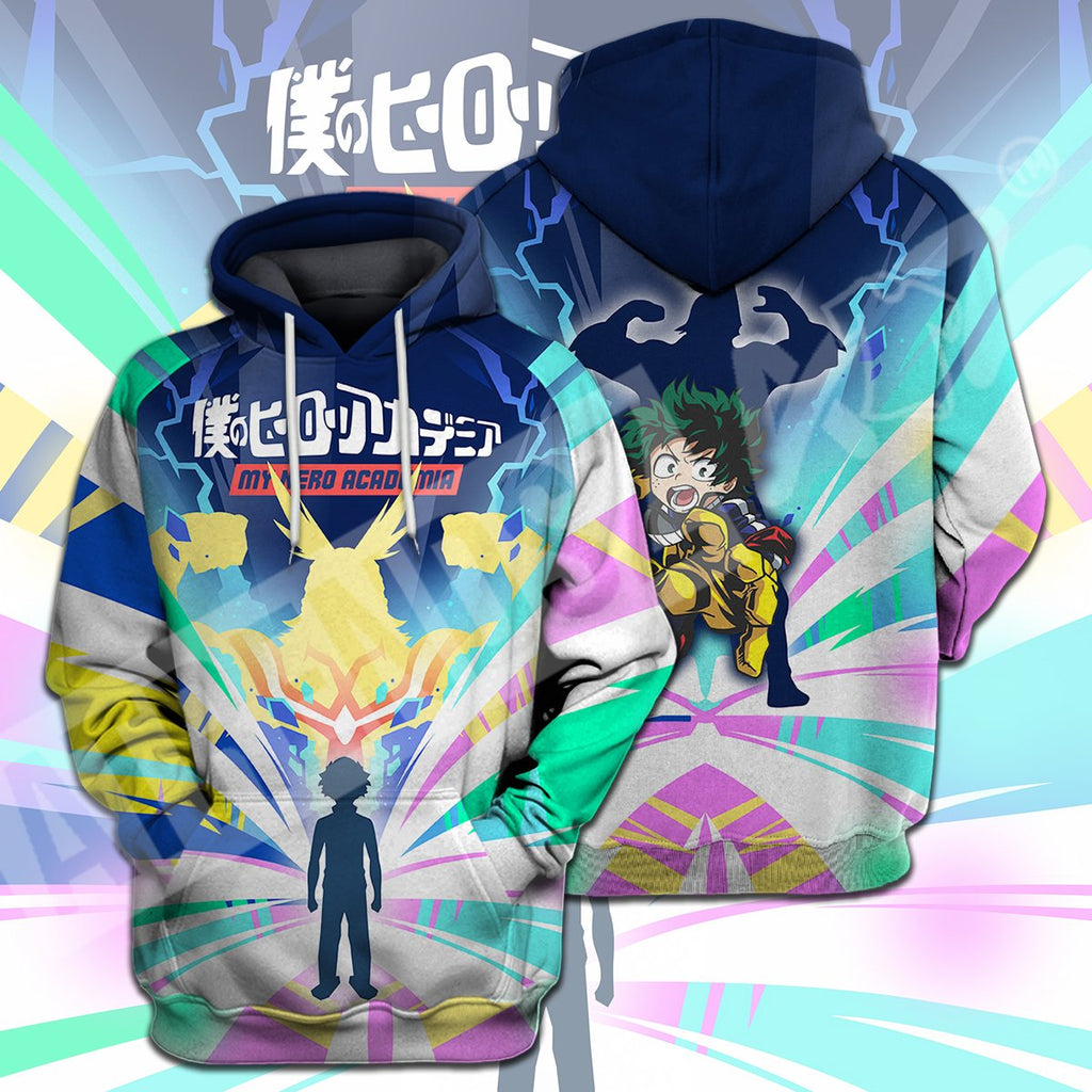  My Hero Academia T-shirt All Might Silhouette Midoriya Izuku My Hero Academia Logo Green Blue T-shirt Hoodie  