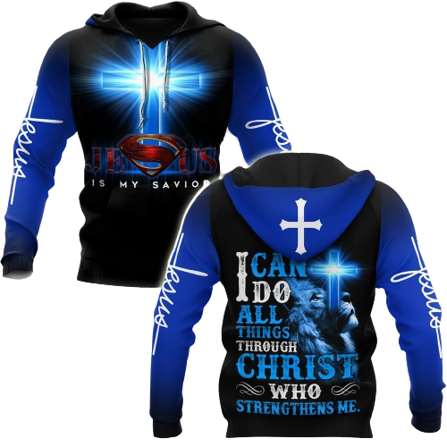  Jesus T-shirt Lion I Can Do All Things Through Christ Who Strengthens Me Blue T-shirt Hoodie Adult Full Print