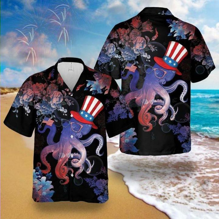 4th Of July Hawaiian Shirt Octopus Celebrates 4th Of July Flower Black Hawaii Aloha Shirt