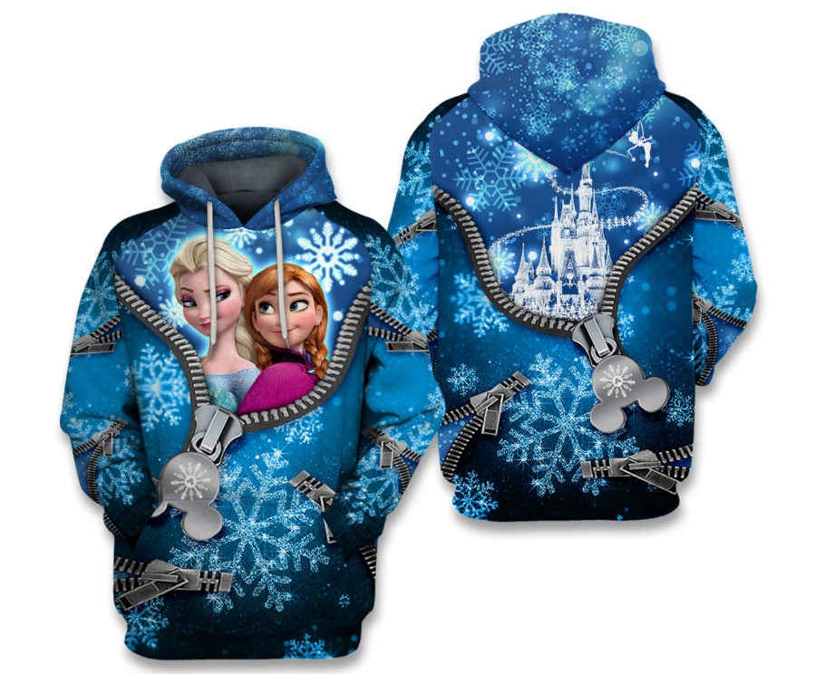  DN Frozen Hoodie Anna And Elsa DN Castle Zipper Pattern Blue Hoodie