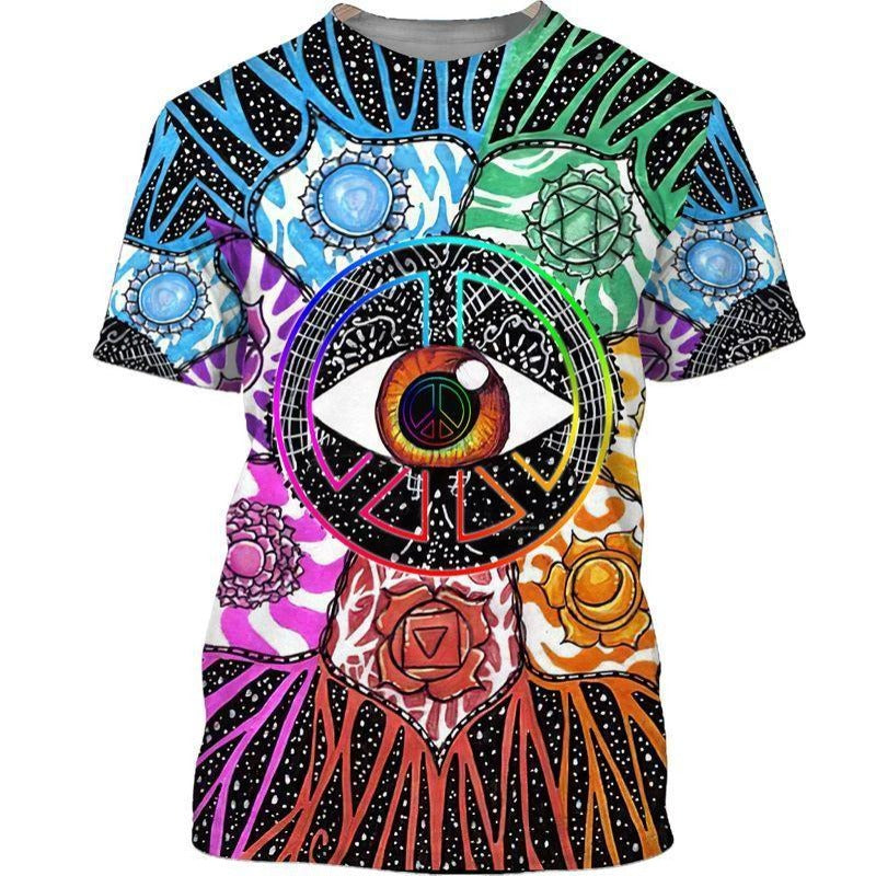  Hippie T-shirt The Eye Peace Sign Flowers Multicolor T-shirt Hoodie Adult Full Print Unisex