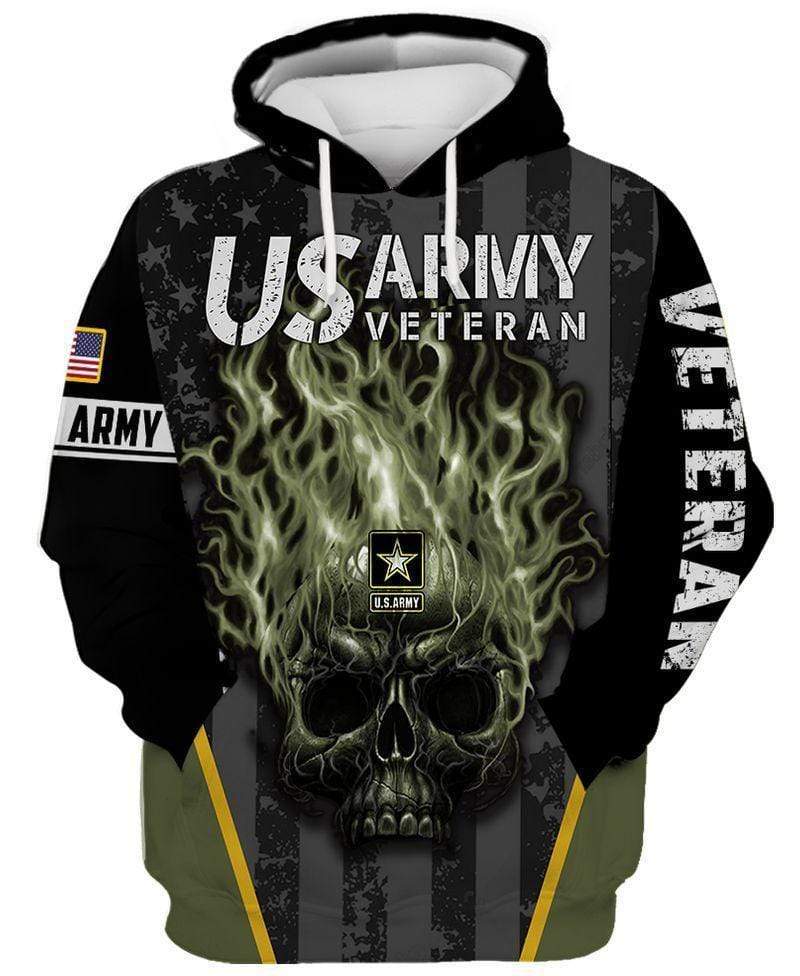 Military Veteran Hoodie American Flag Skull Fire US Army Full Size Adult Hoodie