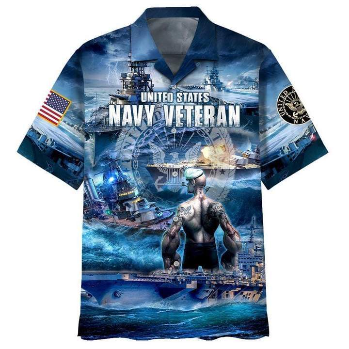 US Navy Veteran Hawaiian Shirt Blue Full Size Adult Colorful Aloha Shirts