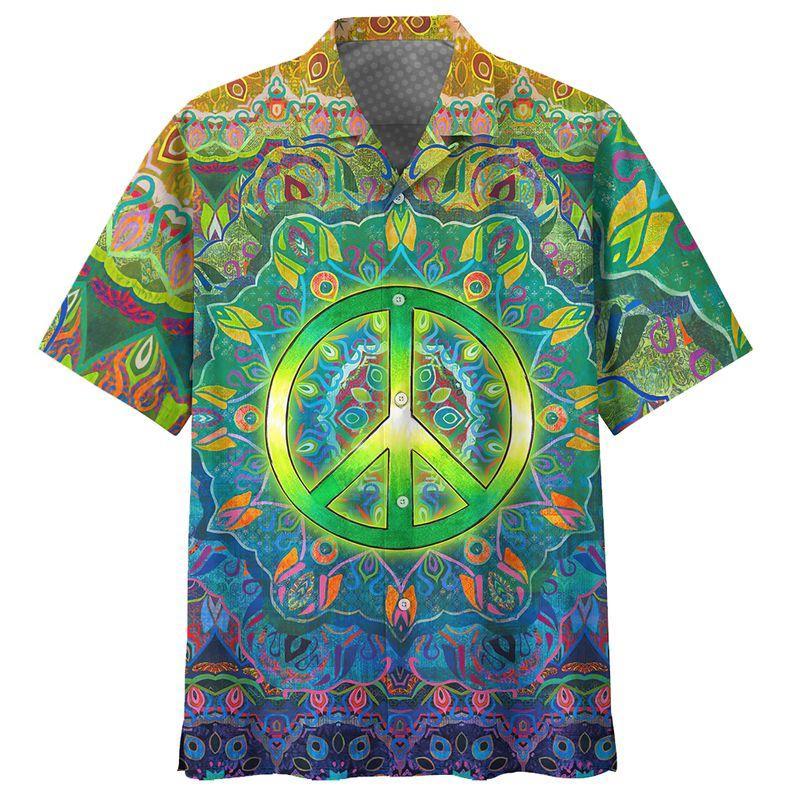  Hipppie Shirt Hippie Peace Symbol Leaves Green Blue Hawaiian Aloha Shirt