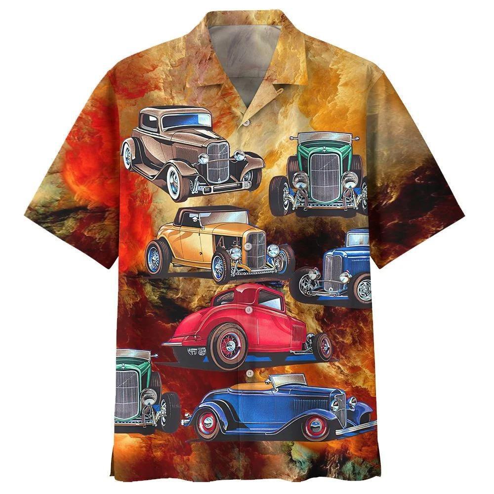  Hot Rod Hawaiian Shirt Vintage Car Hot Rod Brown Red Hawaii Aloha Shirt