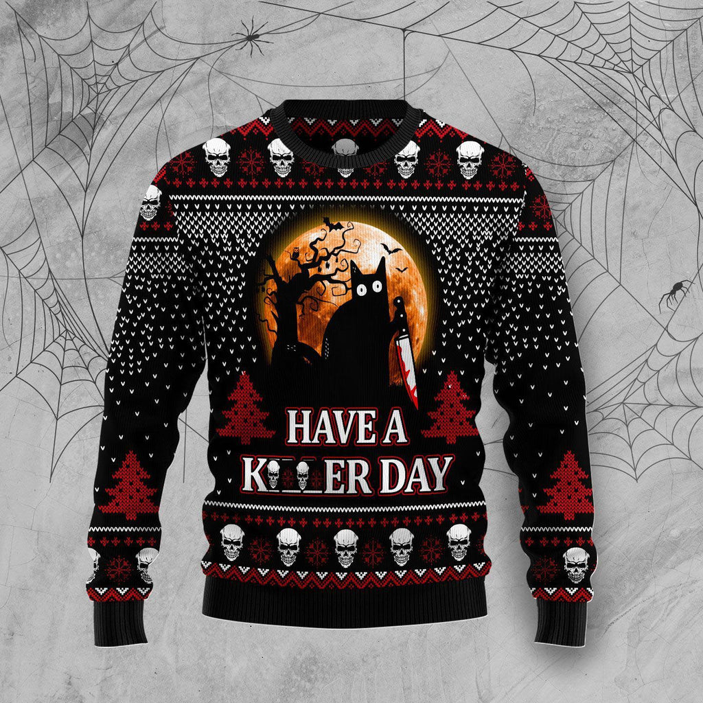 Gifury Cat Ugly Sweater Black Cat Halloween Have A Killer Day Black Red Sweater Cat Sweater 2023