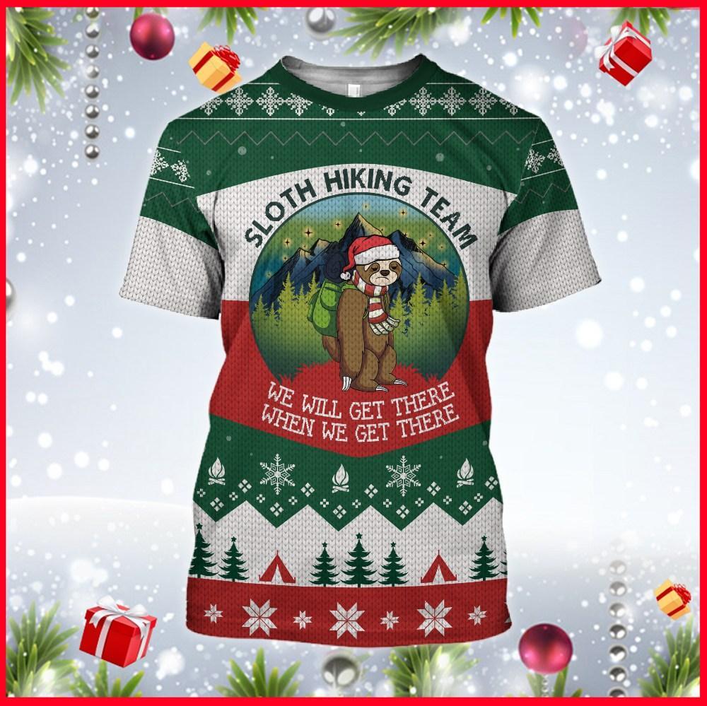  Sloth Hiking T-shirt Sloth Hiking Team We Will Get There Red White Green Christmas T-shirt Hoodie Adult Full Print