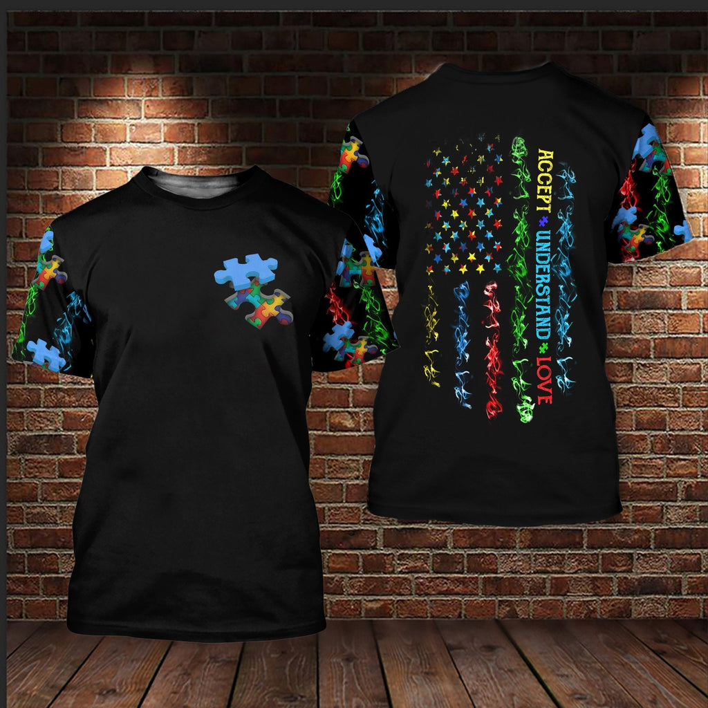  Autism Hoodie American Flag Colorful Puzzle Piece Accept Understand Love T-shirt Autism Apparel 2023
