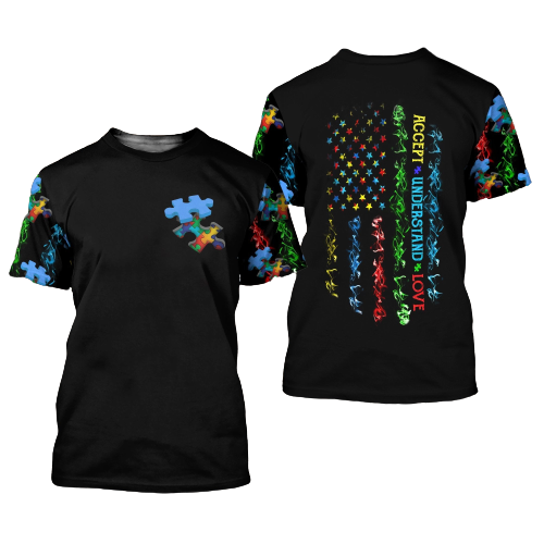  Autism Hoodie American Flag Colorful Puzzle Piece Accept Understand Love T-shirt Autism Apparel 2025